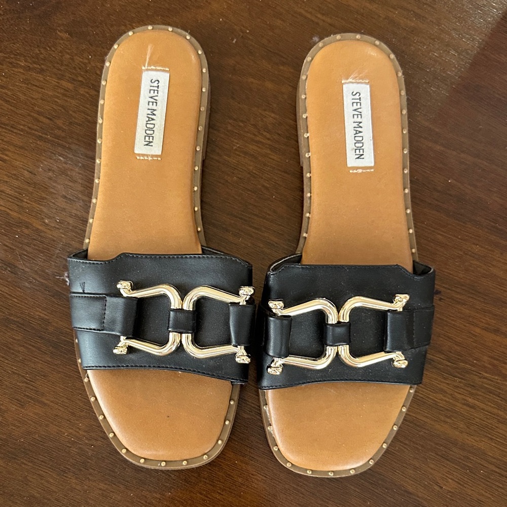 Steve Madden Black and Gold Buckle Sandals
